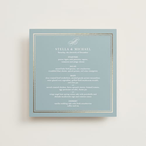 This is a powder blue menu cards with foil pressed by Jennifer Postorino called polished printing on signature in 5x5