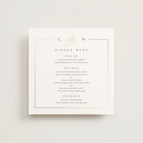 This is a silk menu cards with foil pressed by Kelly Schmidt called framed monogram printing on signature in 5x5