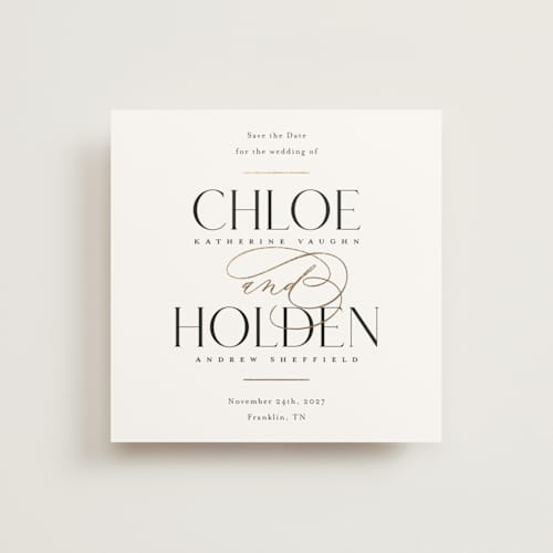 This is a sugar foil stamped save the date cards with foil pressed by Jessica Williams called idyllic printing on signature in square