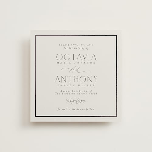 This is a sandstone foil stamped save the date cards with foil pressed by Nicole Walsh called regal printing on signature in square