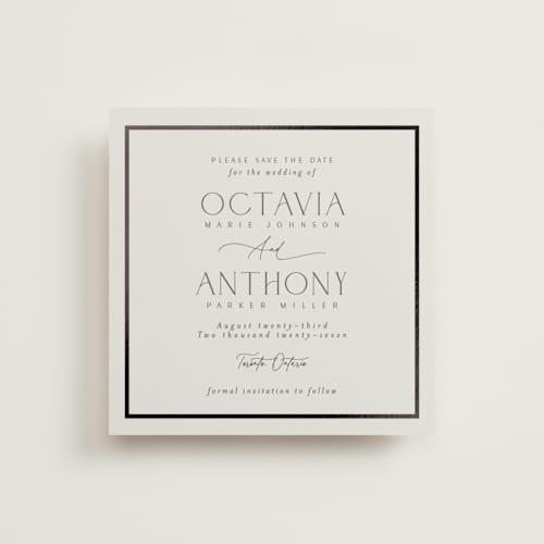 This is a sandstone foil stamped save the date cards with foil pressed by Nicole Walsh called regal printing on signature in square