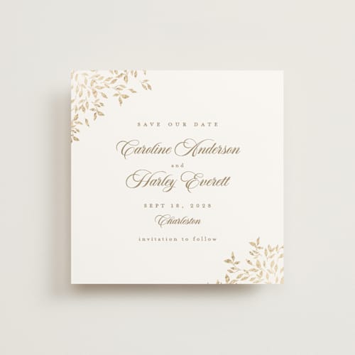 This is a chiffon foil stamped save the date cards with foil pressed by Kristie Kern called midsummer printing on signature in square