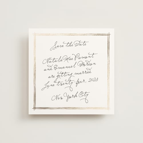 This is a nero foil stamped save the date cards with foil pressed by Pati Cascino called justine printing on signature in square