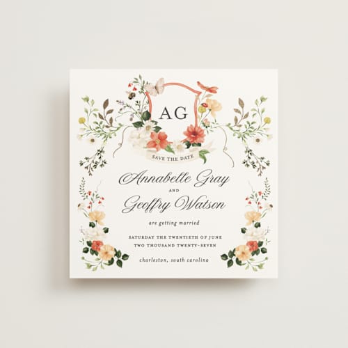 This is a verona sunset foil stamped save the date cards with foil pressed by Sarah Knight called fleur printing on signature in square