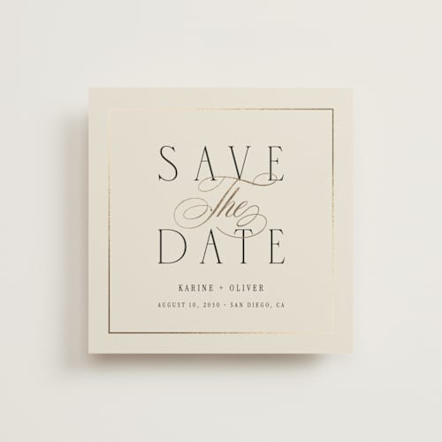 This is a ivory foil stamped save the date cards with foil pressed by Ana Sharpe called heirloom union printing on signature in standard