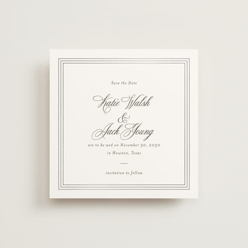 This is a espresso foil stamped save the date cards with foil pressed by Megan Davis called coquille printing on signature in standard