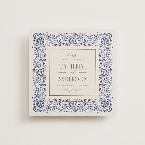 This is a dynasty blue foil stamped save the date cards with foil pressed by Ana de Sousa called tiled romance printing on signature in standard