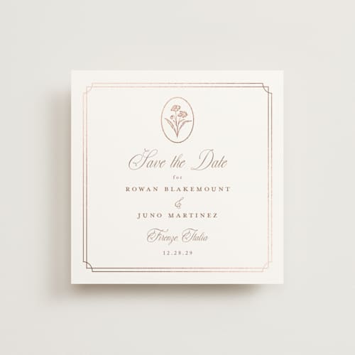 This is a rose foil stamped save the date cards with foil pressed by chocomocacino called fleu-de-sel printing on signature in standard