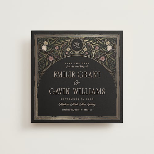 This is a noir foil stamped save the date cards with foil pressed by Randi Cirelli called emilie printing on signature in standard