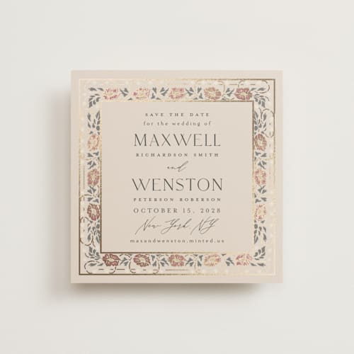 This is a champagne foil stamped save the date cards with foil pressed by Ana de Sousa called timeless nature printing on signature in square