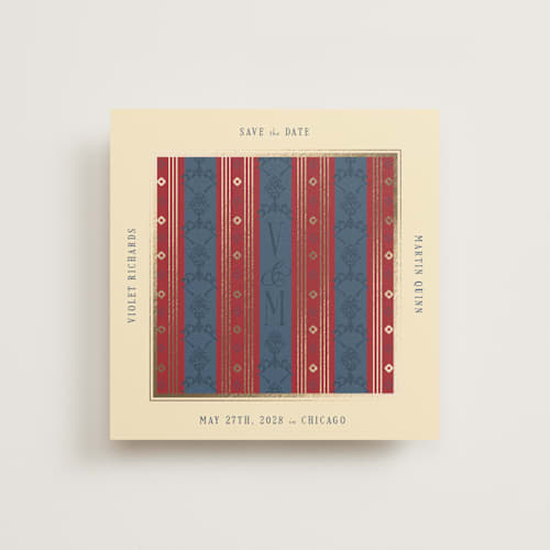This is a navy foil stamped save the date cards with foil pressed by Baumbirdy called woven printing on signature in square