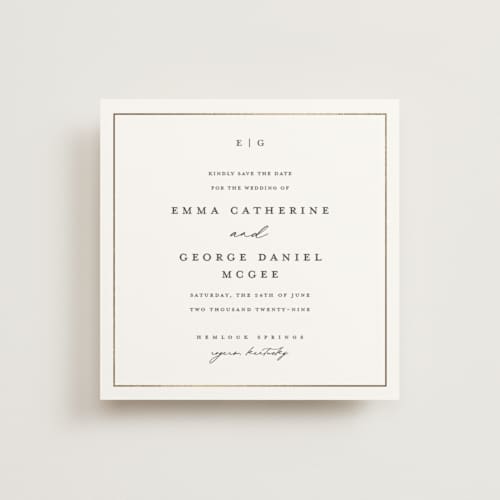 This is a soft black foil stamped save the date cards with foil pressed by Stacey Meacham called heritage printing on signature in standard