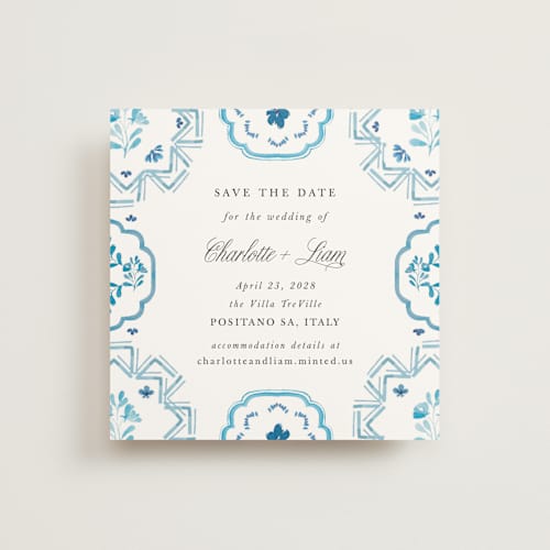 This is a cerulean save the date with standard by Itsy Belle Studio called almafi printing on signature in square