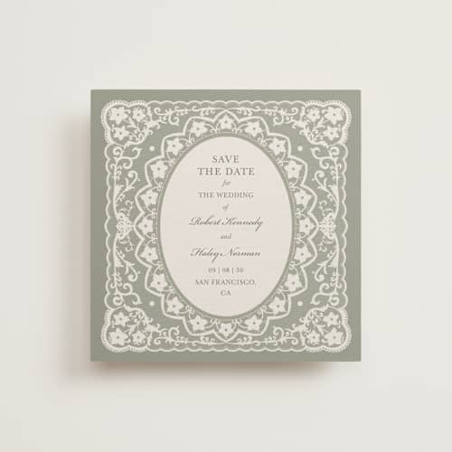 This is a sage save the date with standard by Zove Ahhh called written in romance printing on signature in standard