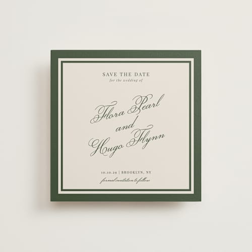 This is a evergreen save the date with standard by Kelly Watkins called emerson printing on signature in standard