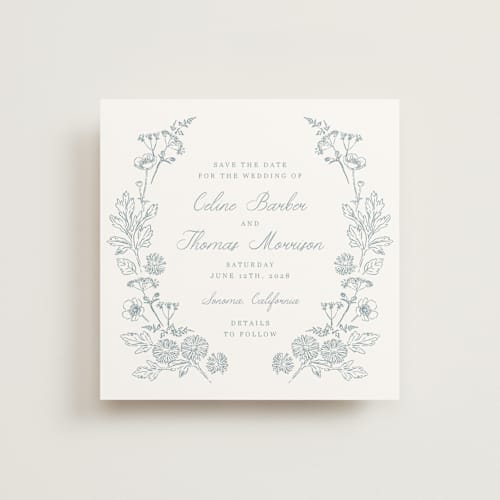This is a cornflower save the date with standard by Hannah Bowman called toile frame printing on signature in square