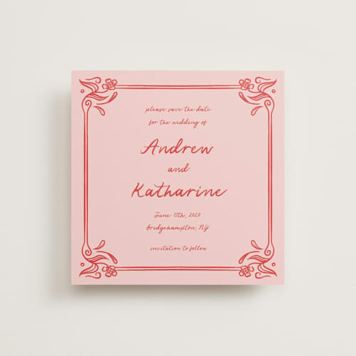 This is a brick save the date with standard by Julia Liverton called love in bloom printing on signature in standard