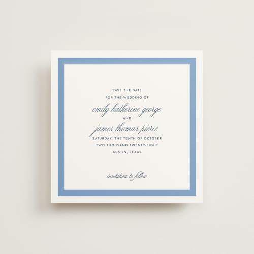 This is a blue bell save the date with standard by Megan Davis called montauk printing on signature in square