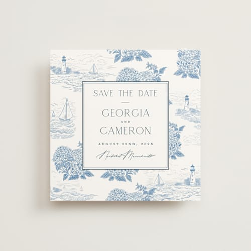 This is a sea save the date with standard by Jenna Holcomb called coastal toile printing on signature in square