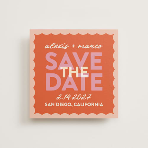 This is a peach save the date with standard by Carolyn Hunt called save the scallops printing on signature in square