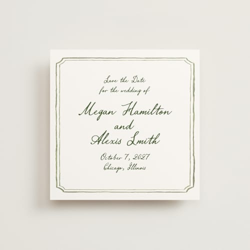 This is a moss save the date with standard by Cass Loh called handwritten printing on signature in square