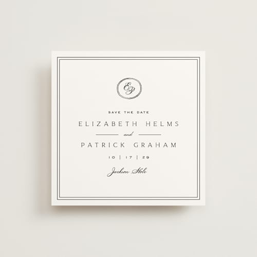 This is a cotton save the date with standard by Amy Kross called aspen knoll printing on signature in standard