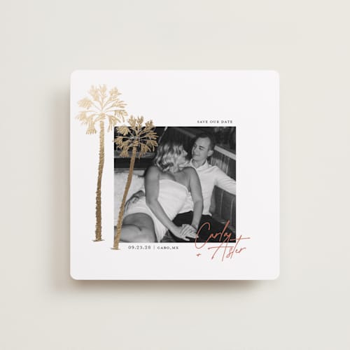 This is a pearl foil stamped save the date cards with foil pressed by Summer Winkelman called the palms printing on recycled smooth signature in square