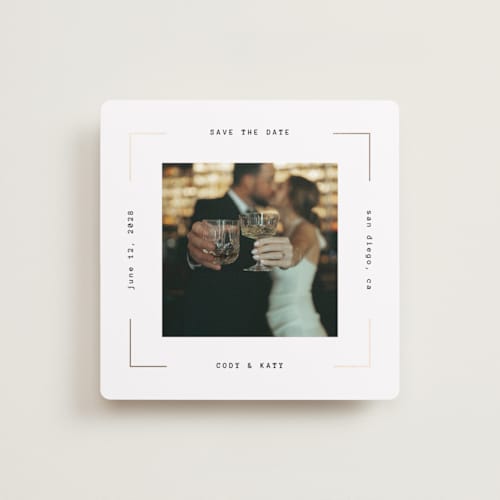 This is a pearl foil stamped save the date cards with foil pressed by Ana Sharpe called our snapshot printing on recycled smooth signature in square