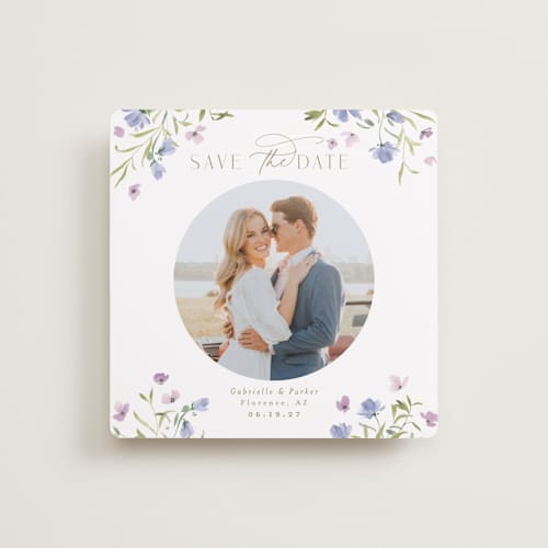 This is a wisteria save the date with standard by Everett Paper Goods called sweeping meadow printing on recycled smooth signature in square