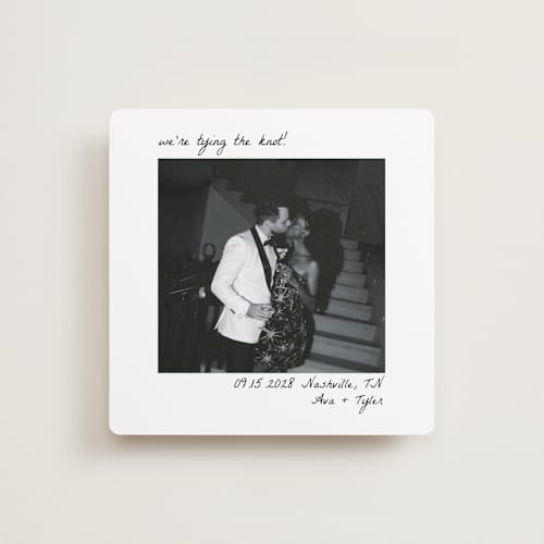 This is a snow save the date with standard by Brittney Jensen called polaroid printing on recycled smooth signature in square