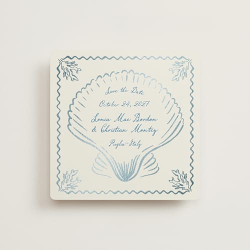 This is a ocean foil stamped save the date cards with foil pressed by Pati Cascino called puglia printing on signature in square