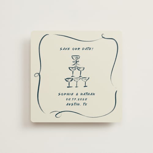 This is a champagne save the date with standard by Adelyn T. called champagne bow printing on signature in square