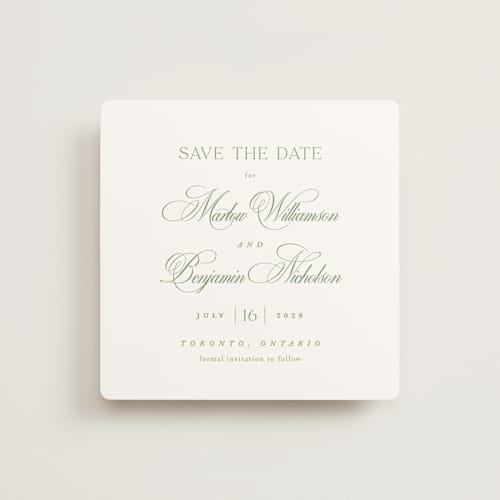This is a garden save the date with standard by Kelly Schmidt called chic script printing on signature in square