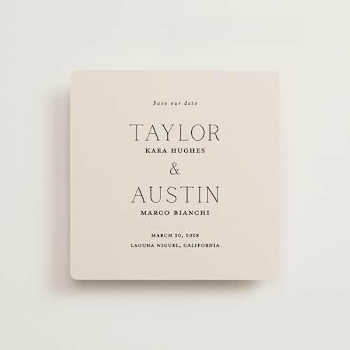 This is a linen save the date with standard by Vanessa Doyle called in love printing on signature in square