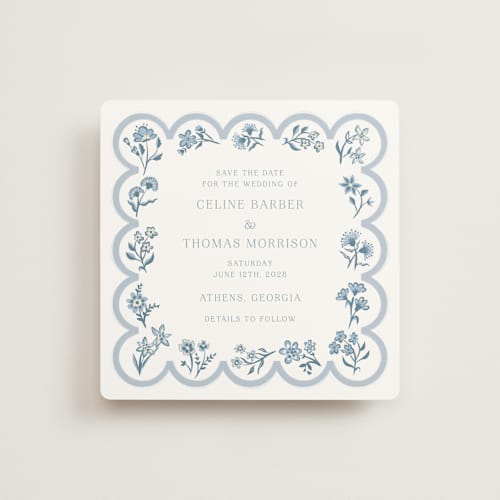 This is a bluebell save the date with standard by Hannah Bowman called petite jolie printing on signature in square