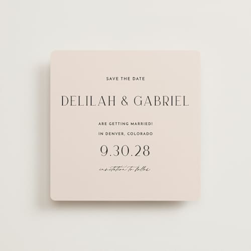 This is a pearl save the date with standard by Vanessa Doyle called trendsetter printing on signature in square