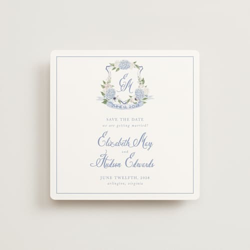 This is a periwinkle save the date with standard by Design Lotus called sweethearts printing on signature in square
