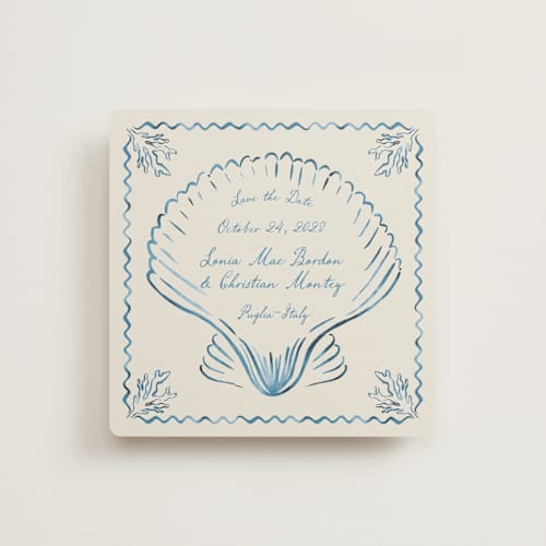 This is a ocean save the date with standard by Pati Cascino called puglia printing on signature in square