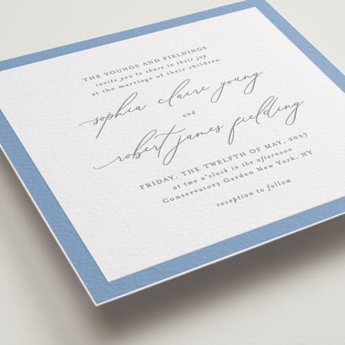 This is a smoke | pacific blue letterpress wedding invitations with letterpress by Design Lotus called fondness printing on white cotton in standard