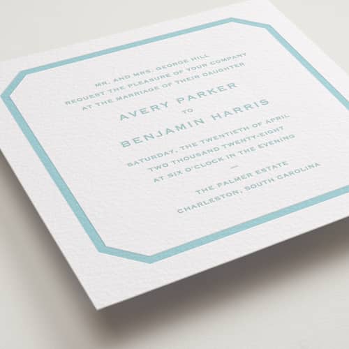 This is a robin's egg letterpress wedding invitations with letterpress by Megan Davis called danbury printing on white cotton in standard