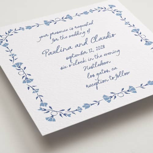This is a lapis | pacific blue letterpress wedding invitations with letterpress by Tamara Hilje called talavera printing on white cotton in standard