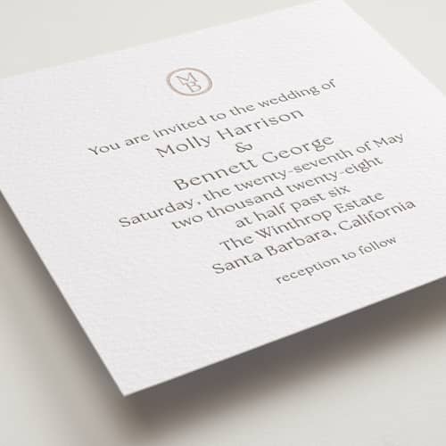 This is a cacao bean letterpress wedding invitations with letterpress by Megan Davis called perriand printing on white cotton in standard