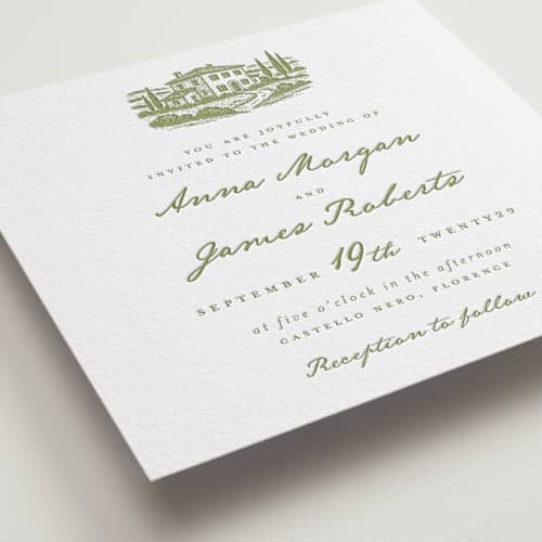 This is a olive letterpress wedding invitations with letterpress by Maja Cunningham called villa printing on white cotton in standard