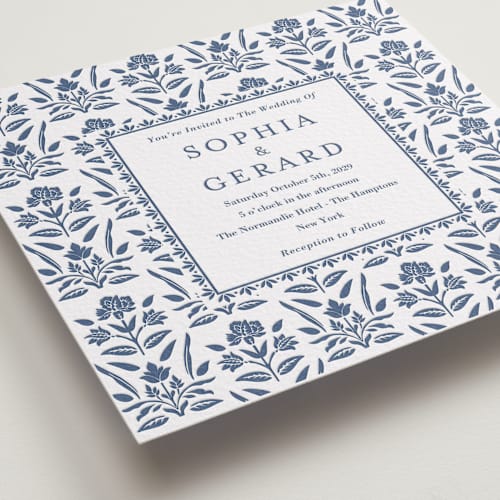This is a blueberry letterpress wedding invitations with letterpress by Oma N. Ramkhelawan called pressed motif printing on white cotton in standard