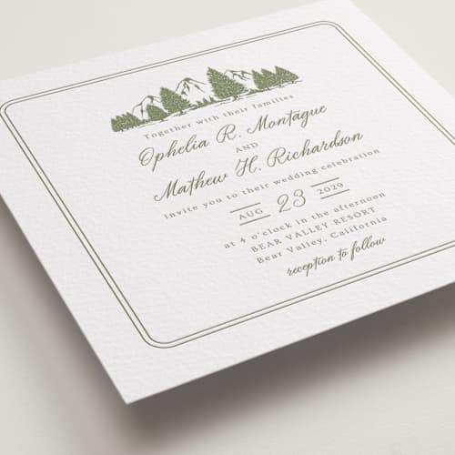 This is a artichoke letterpress wedding invitations with letterpress by Ana Sharpe called summit meadows printing on white cotton in standard
