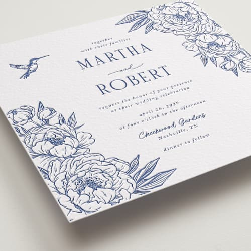 This is a lapis letterpress wedding invitations with letterpress by Sherley Ferreira called botanical dream printing on white cotton in standard