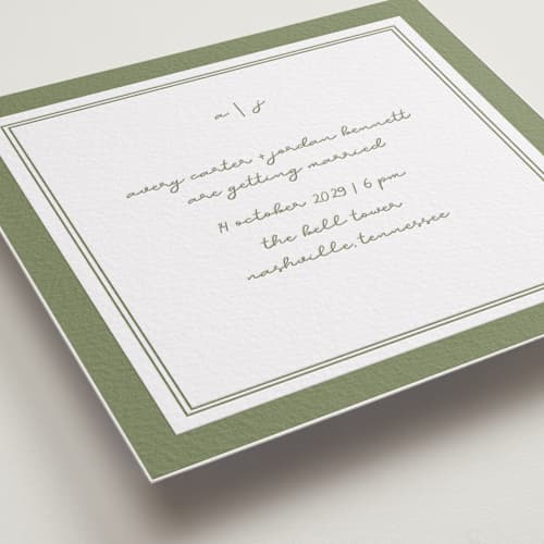 This is a artichoke letterpress wedding invitations with letterpress by Brittney Jensen called the verdure suite printing on white cotton in standard