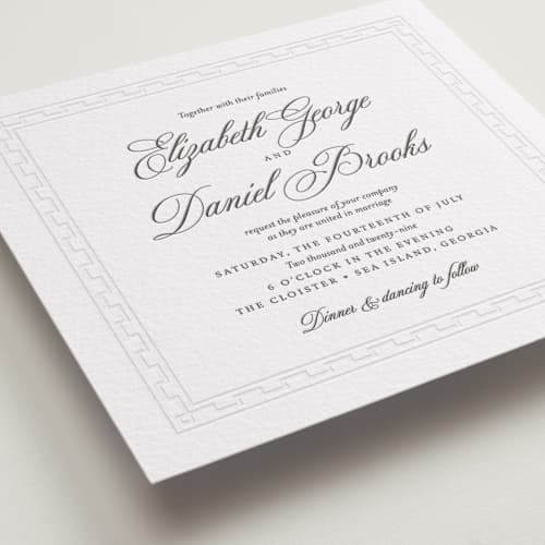 This is a soft black | blind deboss letterpress wedding invitations with letterpress by Alston Foster called infinite printing on white cotton in standard