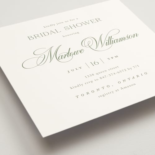 This is a garden bridal shower invitations with standard by Kelly Schmidt called chic script printing on signature in standard