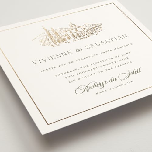 This is a sage foil stamped wedding invitations with foil pressed by Lucrecia Caporale called country elegance printing on signature in standard